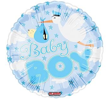 Baby Boy Stork Blue Stars Clouds 18" Mylar Balloon