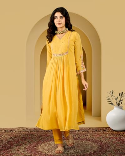 Image of Amazon Brand - Tavasya Women Milky Georgette Zai Sequence Embroide Kurta with Pant Set |Kurta Set|Ethnic Wear|Salwar Suit|3 Piece Set