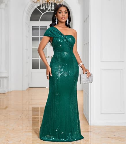 Image of Cololura Women Sexy Sequin One Shoulder Mermaid Formal Party Cocktail Gowns Bodycon Evening Maxi Dress