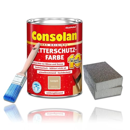 Consolan Wetterschutzfarbe Set 750 ml Holzfarbe Dauerschutz Deckend (Sandgelb)