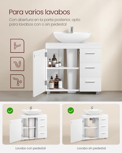 Miniatura 4 de VASAGLE Mueble Bajo Lavabo, Armario de Baño, 3 Cajones, 2 Compartimentos Detrás de la Puerta, Apto para Lavabos con Pedestal, con Pies, 30 x 70 x 64 cm, Blanco Nube BBK504W01