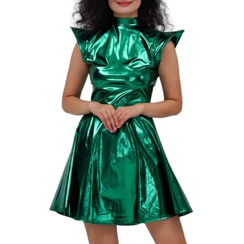 Damen Metallic Minikleid Rave Outfits Ärmellos Glitzer Holographisches Partykleid A-Linie Faltenkleid Skaterkleid Karneval Cosplay Clubwear Space...