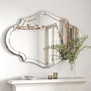 Large Scalloped Mirror, 47″x32″ Decorative Wall Mirrors for Living Room, Hallway Mirrors for Wall Entry, Irregular Frameless Mirror for Dining Room, Hang Horizontally or Vertically