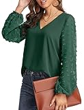 GOORY Women's Swiss Dots Chiffon Blouse Tops Casual V Neck Balloon Sleeve Work Shirts, Green L