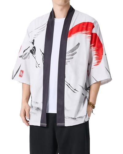 Image of PRIJOUHE Men's Lightweight Kimono Jacket Seven Sleeve Open Front Cardigan Coat Japanese Style Bathrobe