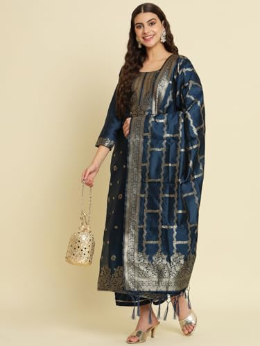 Image of VredeVogel Women's Cotton Silk Jacquard Kurta Pant Set with Banarasi Silk Dupatta