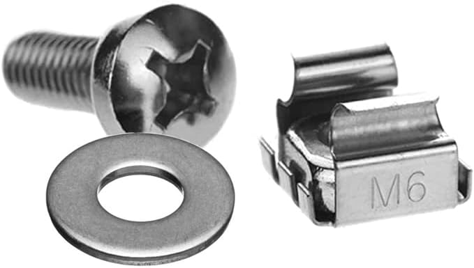 Server Rack & Cabinet M6 Cage Nuts & Mounting Screws With Washer, Nickel Finish, 20 set