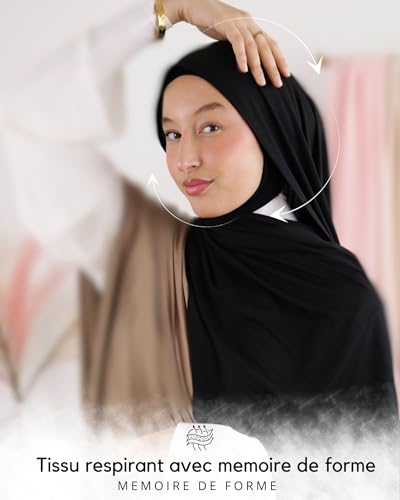 حجاب جيرسي من الياف الخيزران الطبيعية عالية الجودة مقاس ماكسي 190×70 جيد التهوية ومضاد للحساسية للنساء المسلمات المحجبات HJ300، اسود، مقاس واحد