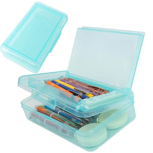 Image of Pencil Case Box, Light Blue Double Layer Large Capacity Plastic Pencil Boxs, Clear Hard Pen Case with Snap-tight Lid,Storage Art Craft Box Marker Organizer for Kids Boys Girls Offices School Supplies