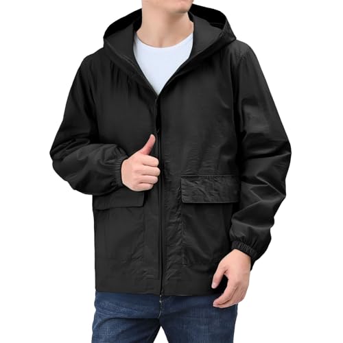 Full Zip Hoodies for Men Casual UPF 50+ Lightweight Jackets Trendy Comfort Rash Guard Hooded Walking Hiking Windbreaker Fashion Softshell Waterproof Jacket Coat