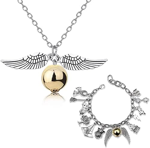 Pptabold Harry Magic Themed Potter Bracelet Golden Wings Snitch Necklace Charm Bracelets jewelry Gift for Girls Women 2pcs Adjustable