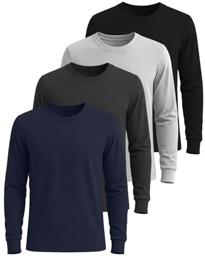 Image of Real Essentials 4 Pack: Men's Cotton Long Sleeve Crew Neck T-Shirt - Soft Work Casual Jersey Tees