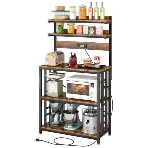 Image of Baker's Rack with Power Outlet, 5-Tier Adjustable Shelf with Storage, Brown | LED Lights,Kitchen Coffee Bar Storage,Microwave Stand with Storage,Spice Organizer for Kitchen, Dining Room and Office