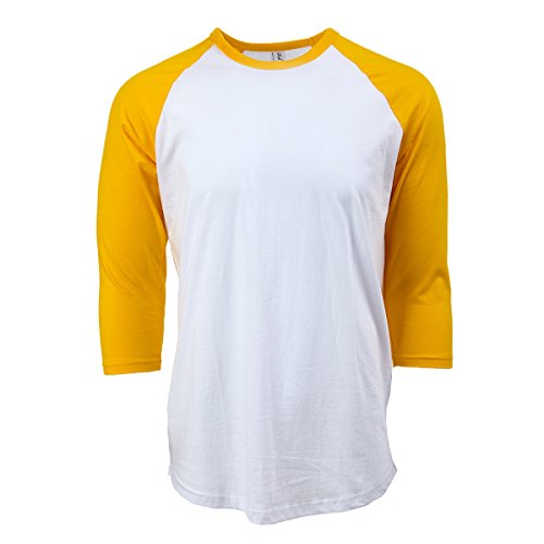 Men’s 3/4 Sleeve Raglan Baseball T-Shirt, 100% Cotton Soft Lightweight Jersey Fit (3Q, White/Yellow, Small, 1 pc)