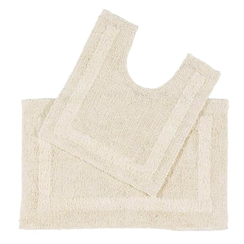 HOMESCAPES Tapis de Bain et Contour WC en Coton, 1600 g/m², Extra Doux, 100% Coton, réversible, antidérapant, Lavable, Super Absorbant, Crème, Ensemble Tapis Salle de Bain et WC – Lot de 2
