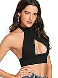 SheIn Women's Sexy Cut Out Halter Knit Ribbed Backless Crop Tank Top Small Black