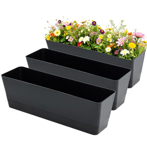 Bamworld Set di 3 Vasi Rettangolari per Piante 42x12 cm con Drenaggio, per Piante Grasse da Interno ed Esterno, per Finestra, Balcone e Tavolo, Nero, Fioriera da Finestra
