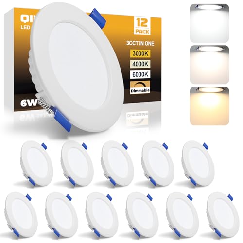 LED Recessed Ceiling Lights, 6W Ultra Slim LED Downlights, Warm White 3000K Neutral White 4000K Cool White 6000K, IP44 Dimmable Spotlights for Bathroom Kitchen Living Room,White 12 Pack