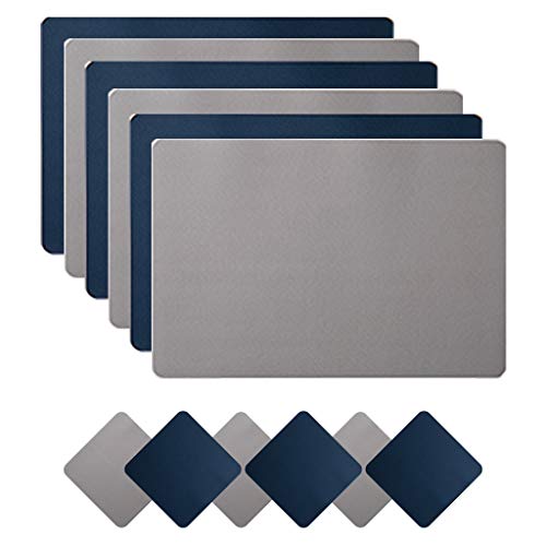 Placemats and Coaster Sets 6, Double Thickened Place Mats Set of 6 Dining Table Mats and 6 Coasters, for Hotel and Office (Blue+Light Gray)