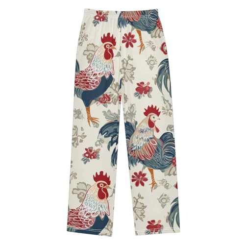 ZZXXB Chinese Rooster Flower Boys Long Pants Soft Trousers Elastic Waist Kids Lounge Bottoms with Pockets S-XL