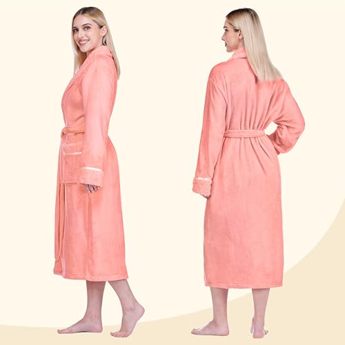 Image of PAVILIA Women's Plush Fleece Robe, Soft Cozy Long Bathrobe with Satin Waffle Trim, Warm Lightweight, Pockets & Tie Belt