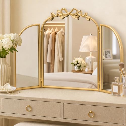 Besdomus Bow 3 Way Vanity Mirror: 36"x24" Gold Large Vintage Trifold Mirror
