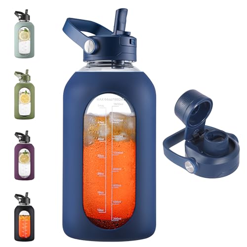 CIVAGO 64 oz Glass Water Bottle with Detachable Straw, Half Gallon Water Jug with Bucket Handle, Sports Motivational Water Bottle with Time Marker and Silicone Sleeve, Large Flask Cup for Gym, Navy
