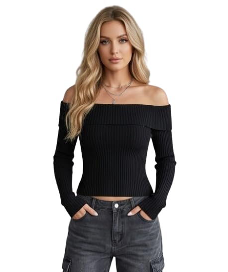 SAGUZA Women's Ribbed Off Shoulder Top | Full Sleeve Slim Fit Stretchable Crop Top for Girls & Women | Stylish Casual Top-picture-21