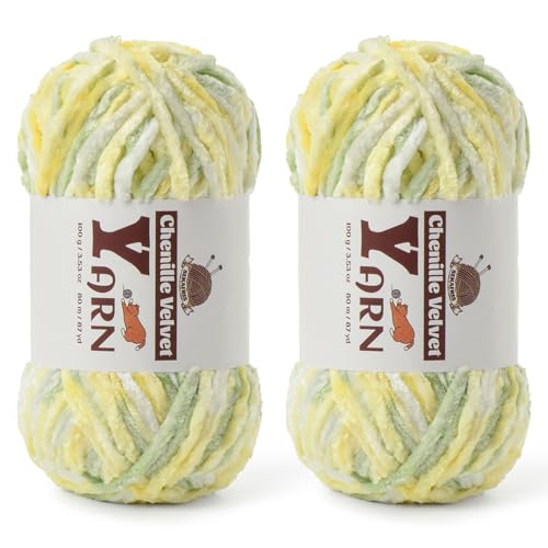 Image of 2 Pack Plush Chenille Chunky Yarn - Fluffy Velvet Yarns Crochet for Blanket Knitting and Crocheting - Soft Baby Yarn for Crocheting - Amigurumi Crochet Yarns 100g (87yds) (2 Greenish Yellow)