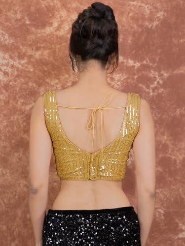 Image of FIGURE'S DESIGNER Women's Sequin Embroidered SabyaSachi Cut Sweetheart V Neck Sleeveless Readymade Saree Blouse E30