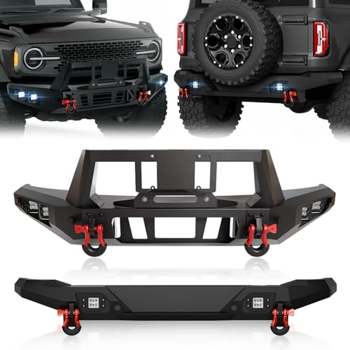 YZONA Off-Road Front & Rear Bumpers Compatible with 2021 2022 2023 2024 2025 Ford Bronco (2/4 Doors, NOT for Bronco Sport or Raptor) w/Winch Plate, License Plate, 6 x LED Light, Sensor Holes & D-Rings