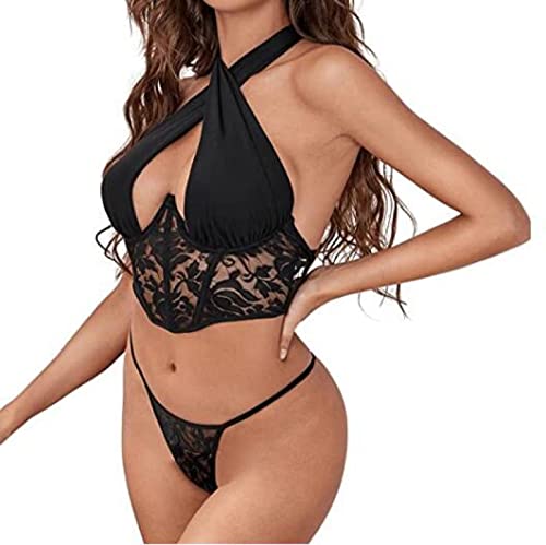 Costume à trois points lingerie érotique sexy mesh deep V culotte noire pour jeune fille