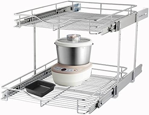 DINDON 2 Tier Pull Out Cabinet Organizer(14" W X 18" D), Double Tier Wire Basket Slide Out Shelf Storage for Kitchen Base Cabinet Organization ​for Kitchen, Pantry, Bathroom, Chrome