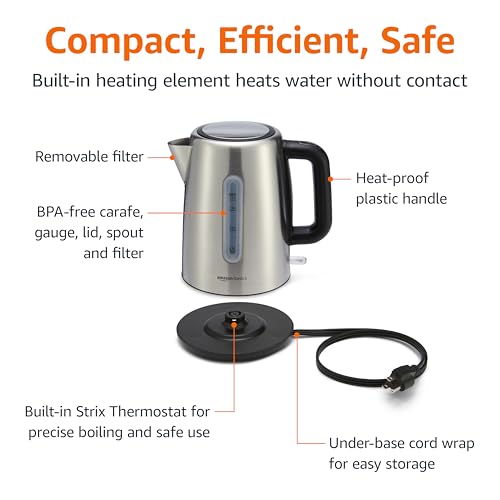 Amazon Basics Electric Stainless Steel Kettle for Tea and Coffee, BPA-Free, Fast Boiling, Auto Shut-Off, Boil-Dry Protection, 1.7 Liter, 1500W, Black and Silver