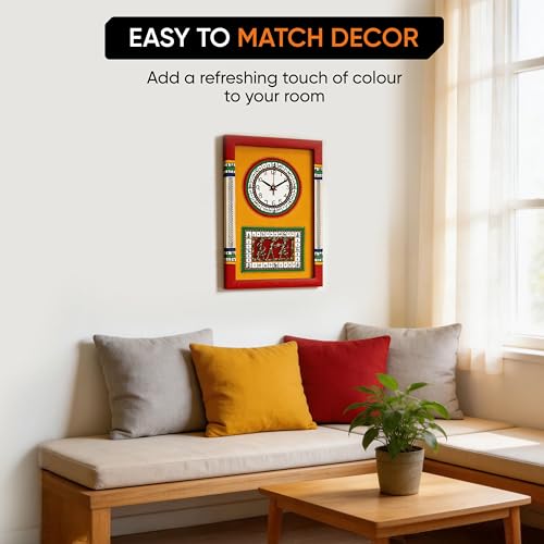 Image of AAKRITI ART CREATIONS Wall Clock Handcrafted Warli Art Yellow Dial with Glass Frame Red | Wall Clock for Home, Home Decoration | Lightweight Wooden wall Decor | Matte Finish