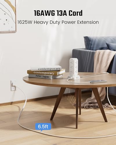 Power Strip Tower, SUPERDANNY 12 Outlets with 35W USB(2 USB-A & 2 USB-C) Charging Station, 1625W/13A, 1700J Surge Protector, 6.5ft Flat Plug Extension Cord with Multiple Outlets for Home, Office, Dorm