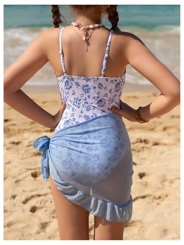 SweatyRocks Girl's Floral Cut Out One Piece Swimsuits with Cover Up Skirt Bathing Suit Swimwear2