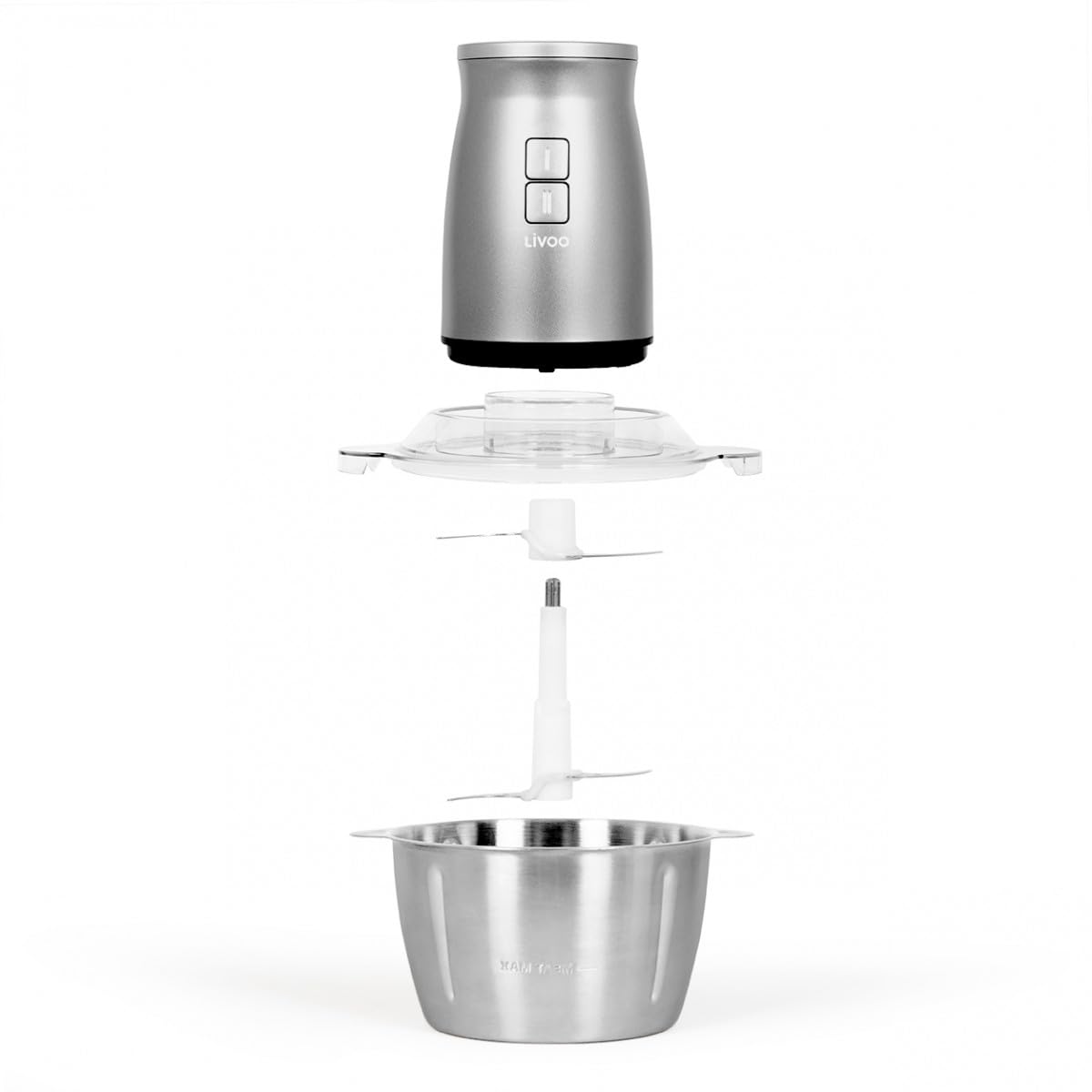 Livoo, Picadora Multifunción 2 en 1 DOP237, Potencia 500 W, 2 Velocidades, compuesta por un cuenco de acero inoxidable de 2 L y una mini picadora de hierbas y nueces