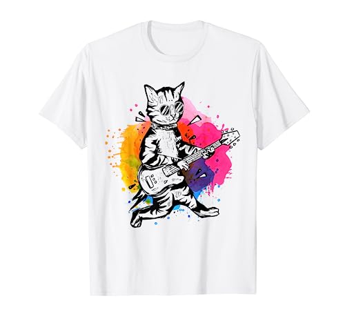 Cat Chitarrista Paint Splatter Musicista Musica felina Maglietta