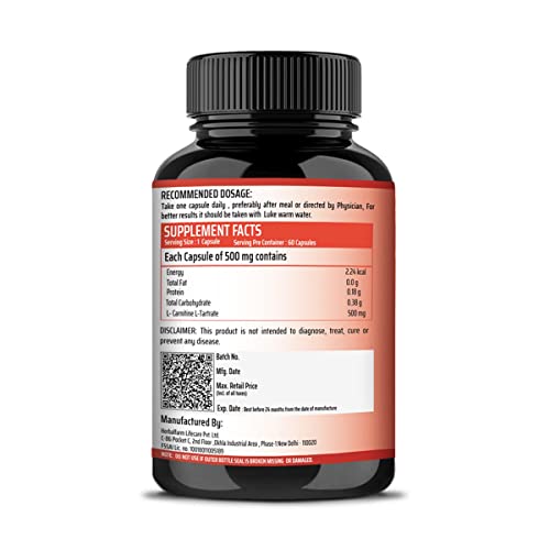 Image of Farmity L- Carnitine L- Tartrate 500mg Capsule- 60 Capsules Fat Burner Pre-Workout Muscle Recovery and Performance Enhancement Supplement Rich in Amino Acids