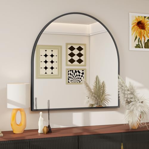 Image of BEAUTYPEAK 31 inchx32 inch Arch Bathroom Mirror, Wall Mounted Vanity Metal Frame Mirror for Bedroom, Entryway, Living Room, Black