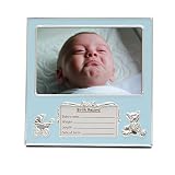 MIMOSA MOMENTS Baby Boy Picture Frame 4x6 Horizontal, Silver-Tone Blue Metal Frame with Bear & Pram Birth Details Tag, Newborn Keepsake Frame for Baby Shower, First Year & Nursery Decor