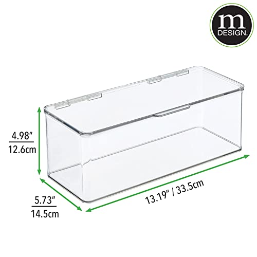 Mdesign Plastic Stackable Storage Organizer Box With Hinged Lid - Long Home Office Holder Supply Bin For Note Pads, Gel Pens, Staples, Tape, Highlighters, Or Dry Erase Markers - Clear #TOP7