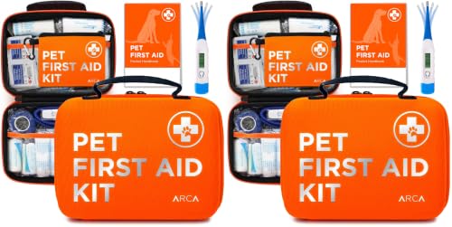 Image of ARCA PET Cat & Dog First Aid Kit for Car - Pet Emergency Kit for Home Office Travel - Dog Camping Essentials with Digital Thermometer, Muzzle & Mini First Aid Pouch (Pack of 2)