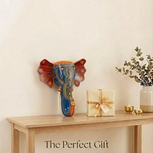 Image of ATRANGI STUDIO Handpainted Wooden Elephant Wall Decor | Ethnic Wooden Wall Art | Symbol of Strength & Wisdom | Wall Hanging for Home, Corridor & Balcony | Ready to Hang | 11 Inch, Blue