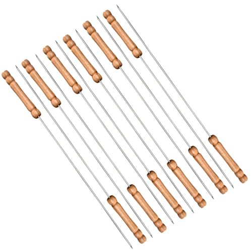 TopHomer 12 Packs Stainless Steel Outdoor Skewers with Comfortable Grip Wooden Handle for Meat Shrimp Chicken Vegetable Barbecue