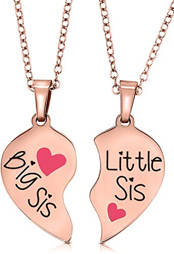 Big Sister & Little Sister Christmas, Stocking Stuffer Gift Ideas for Girls, Teens, Tweens, Women, Teenagers, Sister Necklace Jewelry Gift Set for 2, Birthday Present for Granddaughters, Daughters, Nieces (Rose Gold Pink Hearts)