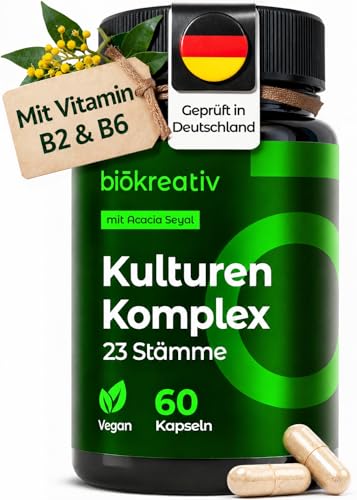 Biökreativ Kulturen Komplex ohne Inulin – 21 Mrd. KBE, 23 Stämme, mit Akazienfaser, Saccharomyces boulardii, Bakterienkulturen, Bifidobakterien, Lactobacillus, Vitamin B2 & B6, Vegan, 60 Kapseln