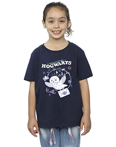 Image of Harry Potter Girls Owl Letter from Hogwarts T-Shirt Navy Blue 5-6 Years