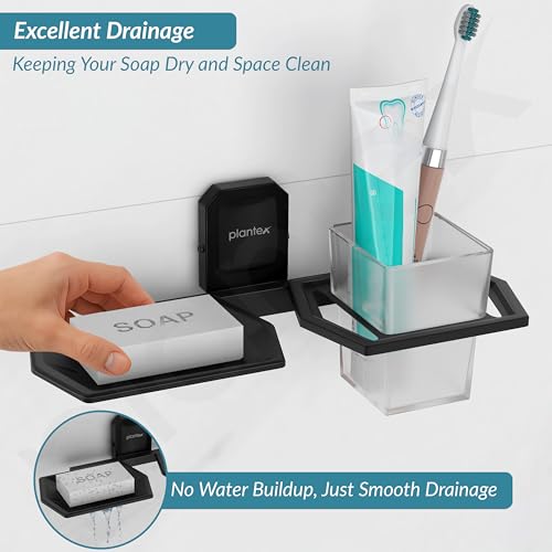 Image of Plantex 304 Stainless Steel 2in 1 Soap Holder and Brush Stand for Wash Basin /Bathroom Organizer for Soap Stand and Toothbrush Holder (Cute - Black)